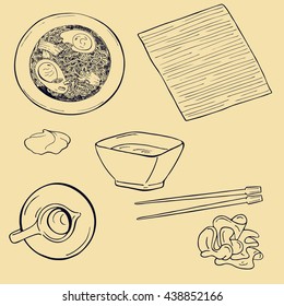 Set of soup, sauces, ginger, wasabi and bamboo napkin with sticks. Cartoon sketch drawn by ink. hand drawn vector illustration.