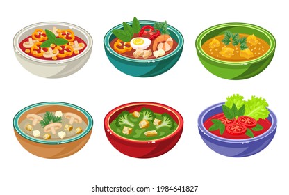 Set of soups in bowls. Gazpacho, curry, broccoli, mushroom cream soup isolated on white background. Ideas for lunch or dinner. Food concept for banner, flyer designs