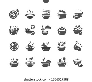 Set of soups. Meat soup, fish soup, chicken soup. Dishes, food. Vegetable soups and ingredients. Menu for restaurant and cafe. Vector Solid Icons. Simple Pictogram