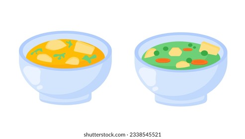 Set of soups in plate concept. Prepared carrot and potato. Vegetarian diet and healthy eating. Template, layout and mock up. Cartoon flat vector collection isolated on white background