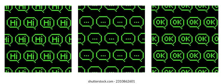 A set of sour seamless patterns in green. Icons - Hi, Ok and three dots. Vector patterns on a black background in the fashionable style of Y2K, 90 s.