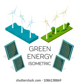 a set of sources of alternative energy. green energy. isometric 3d