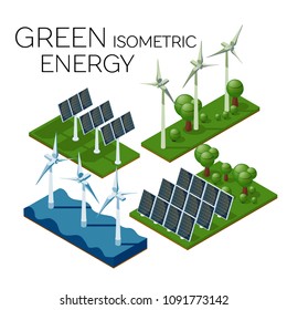 a set of sources of alternative energy. green energy. isometric 3d