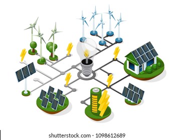  a set of sources of alternative energy. green energy. isometric 3d