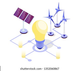  a set of sources of alternative energy. green energy. isometric 3d