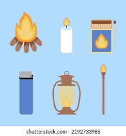 Set Of Sources Of Fire. Bonfire, Candle, Matchbox, Lighter, Gas Lamp, Tourch. Flat Clip Arts. Simple Vector Illustration