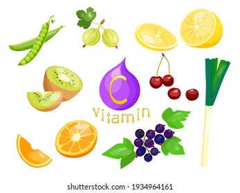A set of sources of vitamin C. Ascorbic acid. Vector cartoon illustration of fruits, berries and vegetables - lemon, gooseberry, peas, currants, cherries and celery.