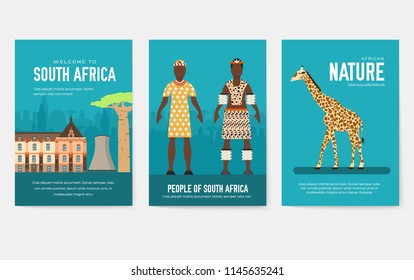 Set of South Africa country ornament travel trip concept. Art traditional, magazine, book, poster, abstract, banners, element. Vector decorative ethnic greeting card or invitation design 