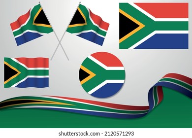 Set Of South Africa Flags In Different Designs, Icon, Flaying Flags With ribbon With Background. Free Vector