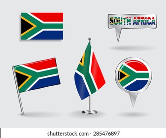 Set Of South African Pin, Icon And Map Pointer Flags. Vector Illustration.