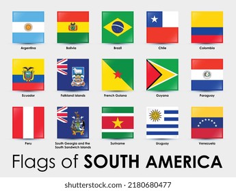 Set of South America flags. Simple square-shaped flags on gray background.