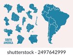 Set South America isolated map on white background. High detailed, with board. Brazil, Peru, Venezuela, Paraguay, Argentina, Colombia, Ecuador, Chile, Uruguay.