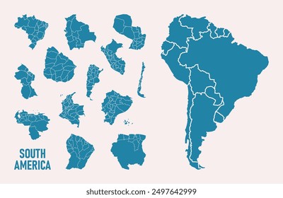 Set South America isolated map on white background. High detailed, with board. Brazil, Peru, Venezuela, Paraguay, Argentina, Colombia, Ecuador, Chile, Uruguay.