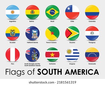 Set of South American flags. Simple round-shaped flags on gray background.