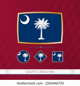 Set of South Carolina flags with gold frame for use at sporting events on a burgundy abstract background. Vector collection of flags.