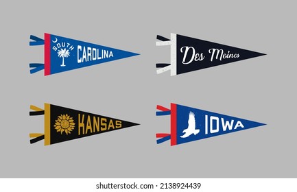 Set of South Carolina, Kansa, Iowa, Des Moines pennants. Retro colors labels. Vintage hand drawn wanderlust style. Isolated on white background. Good for t shirt, mug, other identity. 