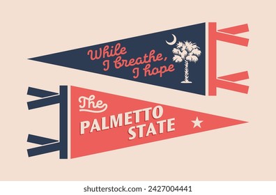 Conjunto de banderines de Carolina del Sur. Bandera gráfica retro vintage, banderín, estrella, signo, símbolos de Estados Unidos. El estado de Palmetto.