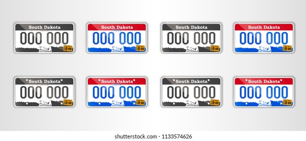 Set South Dakota auto license plate. Detailed object. Flat vector illustration