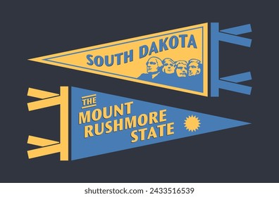 Set of South Dakota pennants. Vintage retro graphic flag, pennant, star, sign, symbols of USA. The Mount Rushmore State.