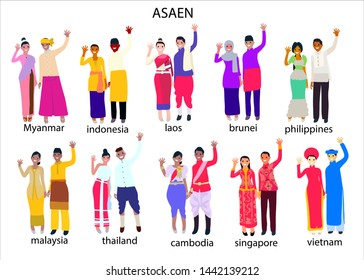 Set Of South East Asian People In Traditional Costume, Eps10 Vector.