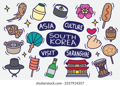 set of south korea doodles with color good for background, wallpaper, icons, element design, etc