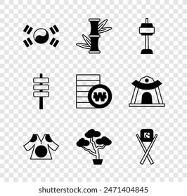 Set South Korea flag, Bamboo, N Seoul tower in, Kimono, Bonsai tree, Sushi with chopsticks, Korean food tokpokki and won coin icon. Vector