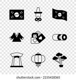 Set South Korea flag, Korean hat, gate, lantern, Bonsai tree, Kimono and Lock with heart icon. Vector
