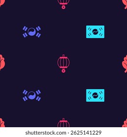 Set South Korea flag, , Korean lantern and Kimchi on seamless pattern. Vector