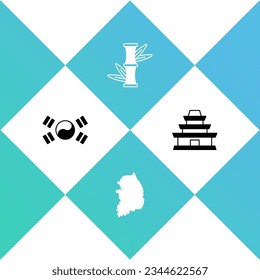 Set South Korea flag, map, Bamboo and Korean temple icon. Vector
