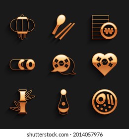 Set South Korea flag, Soju bottle, Ramen, Love with heart, Bamboo, Sushi, Korean won coin and lantern icon. Vector