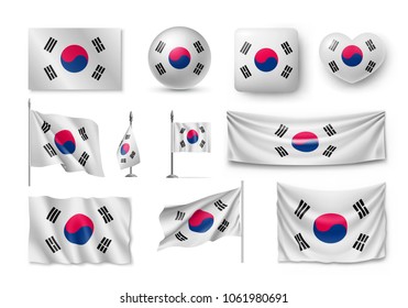 Set South Korea flags, banners, banners, symbols, flat icon. Vector illustration of collection of national symbols on various objects and state signs