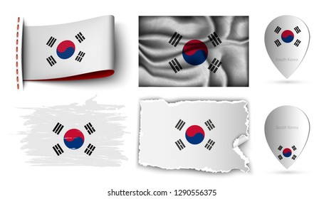 set of South Korea flags collection isolated on white
