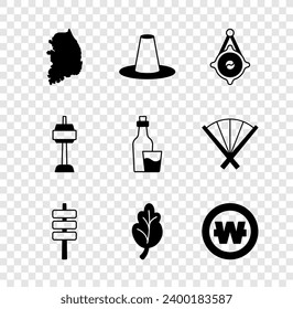 Set South Korea map, Korean hat, lantern, food tokpokki, Kimchi, won coin, N Seoul tower and Soju bottle icon. Vector