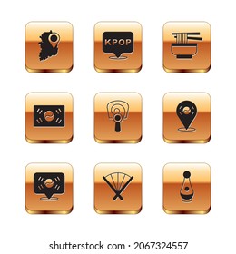 Set South Korea map, Location, Traditional fan, Korean hand, flag, Ramen, Soju bottle and K-pop icon. Vector