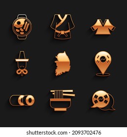 Set South Korea map, Ramen, flag, Location, Sushi, Korean hat, Kimono and  icon. Vector