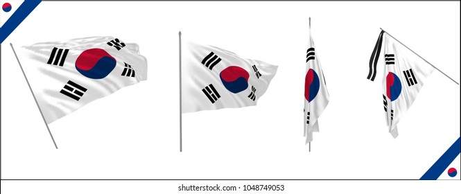 Set of South Korea state waving flags in solemn style. Vector illustration.