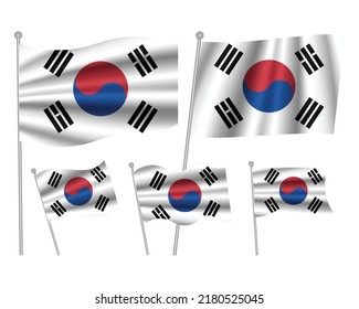 Set of South Korea state waving flags in solemn style. Vector illustration.
