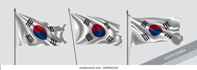 Set of South Korea waving flag on isolated background vector illustration. 3 Korean wavy realistic flag as a symbol of patriotism