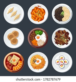 Set von südkoreanischen Gerichte Vektorgrafik, einschließlich koreanischer mandu tteokbokki, jajangmyeon, hotteok, bibimbap, bulgogi, budae jigae, kimchi frittierter Reis, Kimbab