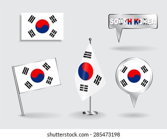 Set of South Korean pin, icon and map pointer flags. Vector illustration.