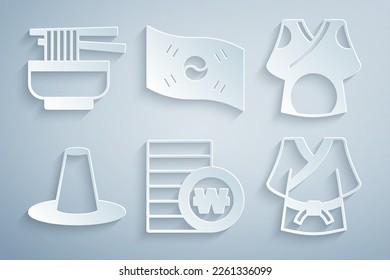 Set South Korean won coin, Kimono, hat, flag and Ramen icon. Vector