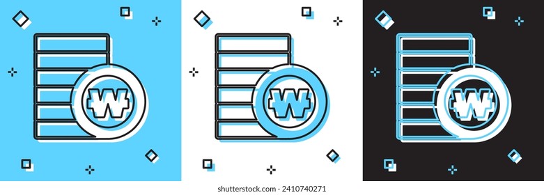 Set South Korean won coin icon isolated on blue and white, black background. South Korea currency business, payment and finance.  Vector