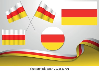 Set Of South Ossetia Flags In Different Designs, Icon, Flaying Flags And ribbon With Background.