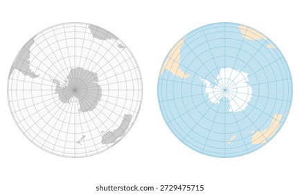 Set of South Pole maps showing Antarctica in polar projection, featuring clean grid lines in both gray monochrome and soft color styles.