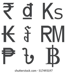 Set of Southeast Asia Countries currencies symbols isolated on white background. Black and white Asian money sign shapes. Vector EPS10 illustration.