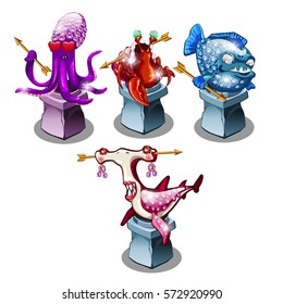 Set of souvenirs in form of octopus, crab, piranha and hammerhead shark in love, inspired by love, isolated on white. Statuette in the form of cartoon fish encrusted with precious stones. Vector.