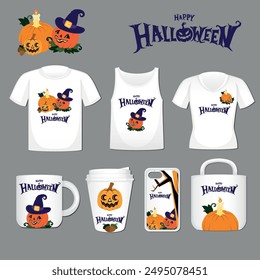 Set of souvenirs for Halloween. The illustration shows T-shirts, mugs, with Halloween symbols. Pumpkins, acorns, tree