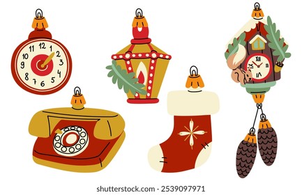 set of Soviet Christmas tree toys. Glass toys. Clock, phone, street lamp, cuckoo clock, sock for sweets illustration in vintage tones forest motifs, objects. Festive decor items for the Christmas tree