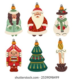 A set of Soviet Christmas tree toys. Glass toys. Snowman, Santa Claus, snow maiden, nutcracker, Christmas tree, candle, illustration in vintage colors. Festive decorations for the Christmas tree