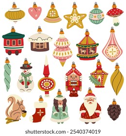 A set of Soviet Christmas tree toys of various objects, animals, and people. Glass toys. Illustration in vintage tones of forest motifs, objects. Festive decor items for decorating the Christmas tree